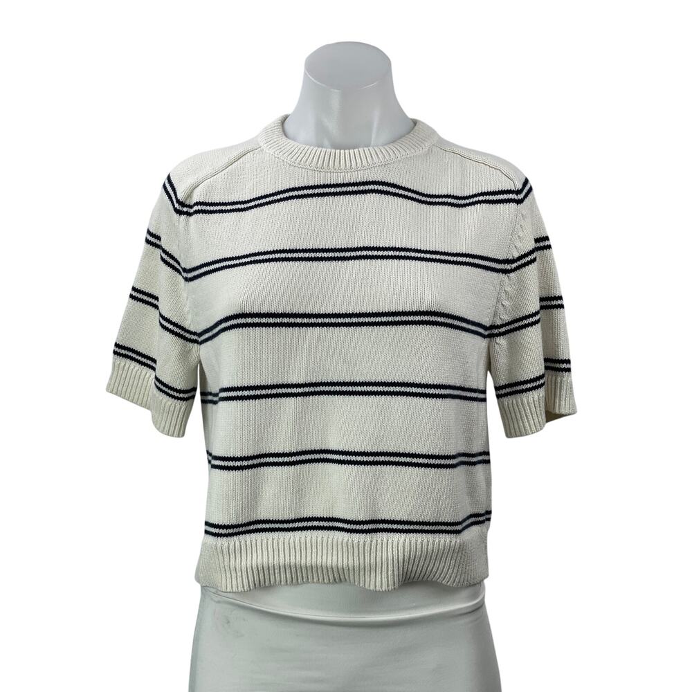 Abercrombie & Fitch White Striped Knit Short Sleeve Crew Neck Boxy Sweater Top S